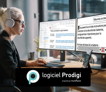 Femme portant des écouteurs et travaillant sur un ordinateur affichant un résumé de document généré par Prodigi.