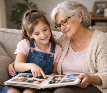 Grandmother and granddaughter looking at a photo album on the couch.