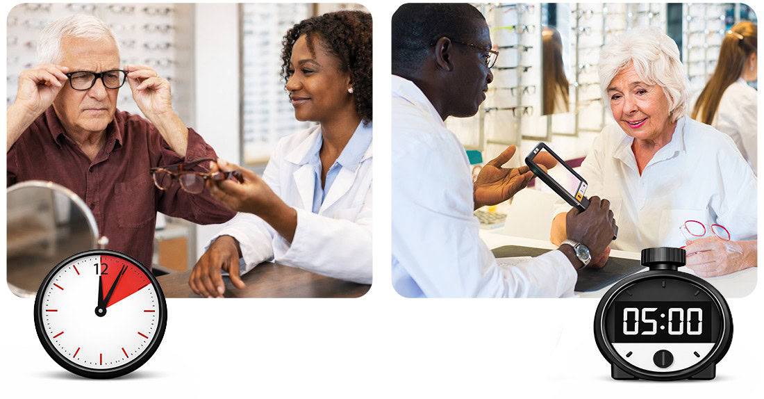 On the left, a glasses fitting; on the right, a low vision device demonstration. On the left, a glasses fitting; on the right, a low vision device demonstration.