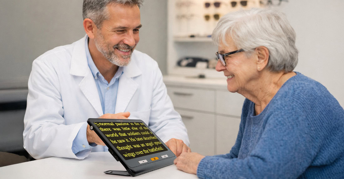 An optician demonstrates a low vision device to an elderly patient. An optician demonstrates a low vision device to an elderly patient.