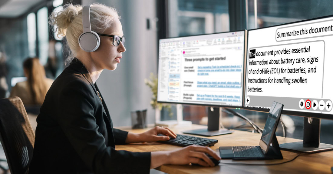 Employee viewing the Prodigi interface and an enlarged document on two screens. Employee viewing the Prodigi interface and an enlarged document on two screens.