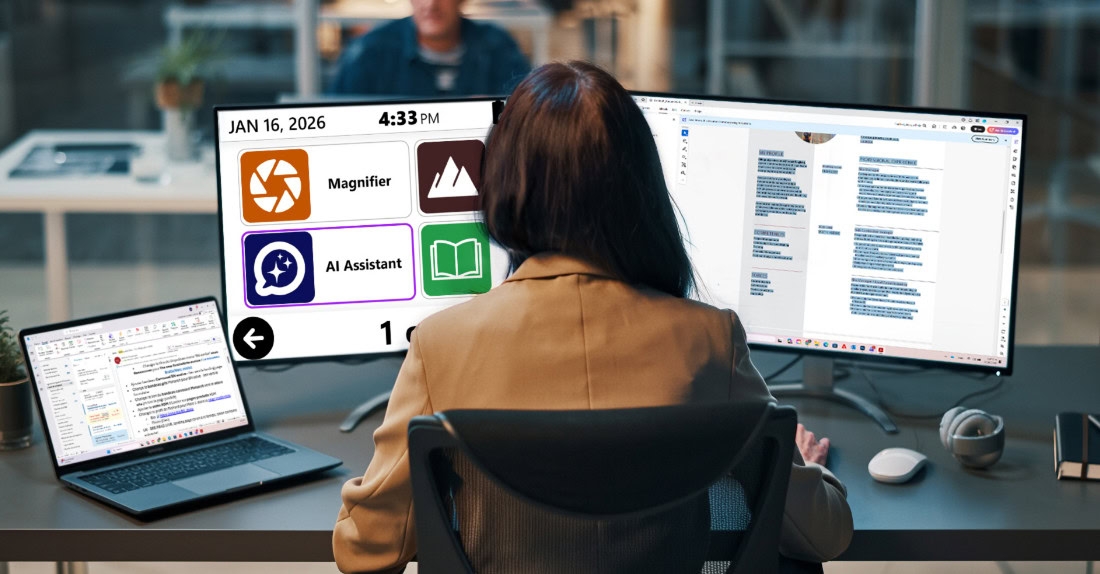 Office professional using an AI assistant on dual monitors. Office professional using an AI assistant on dual monitors.