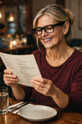 Woman wearing Ray-Ban Meta glasses reads a menu at a restaurant. Woman wearing Ray-Ban Meta glasses reads a menu at a restaurant.