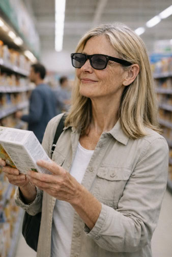 Woman wearing Ray-Ban Meta glasses reads a label in a grocery store. Woman wearing Ray-Ban Meta glasses reads a label in a grocery store.