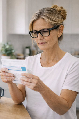 Woman wearing Ray-Ban Meta glasses reads an information leaflet at home. Woman wearing Ray-Ban Meta glasses reads an information leaflet at home.
