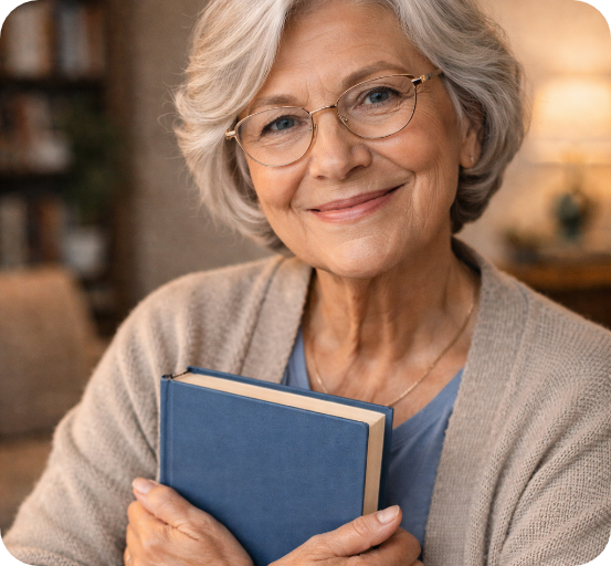 An older woman smiles while holding a book.