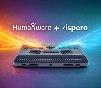 HumanWare BrailleNote evolve braille display shown with the text “HumanWare + Vispero,” with orange and blue light waves symbolizing collaboration between the two companies.