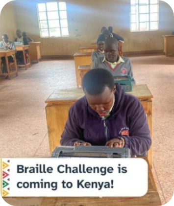 Blind student learning braille in classroom in Kenya – inclusive education.