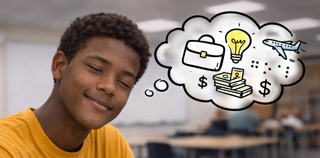 Student in classroom thinking about future education and career.