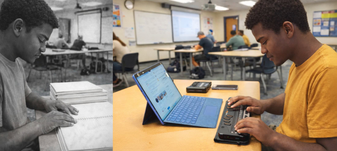 Student using braille display and computer in inclusive classroom.