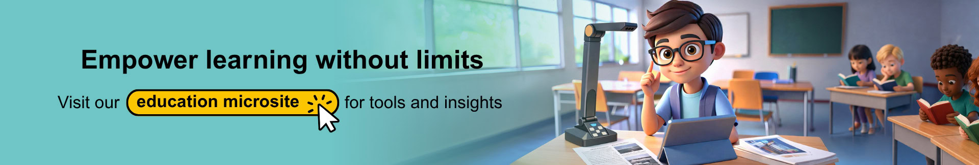 Student in classroom using educational assistive technology.