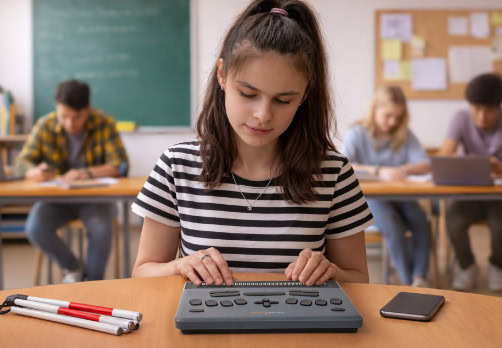 Student using a braille display in a classroom.