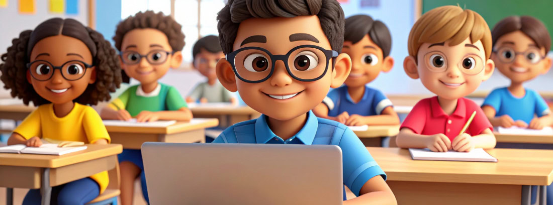 Students using a laptop in a classroom.