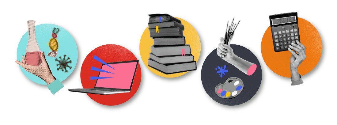 School subjects including science, technology, reading, art and mathematics.