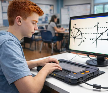 Student reads a tactile graph on a Monarch braille device connected to a screen.