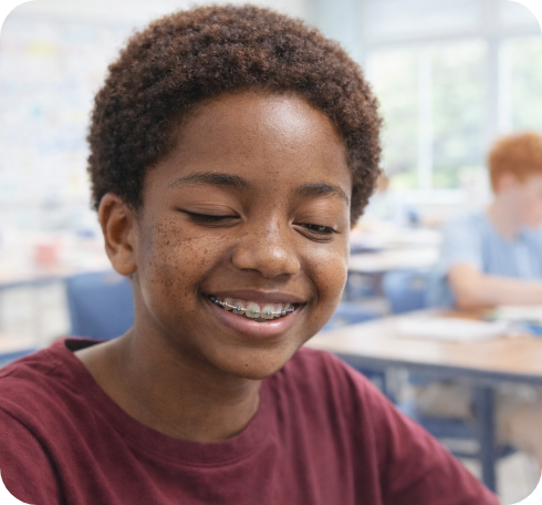 Smiling student in a classroom with other students in the background.