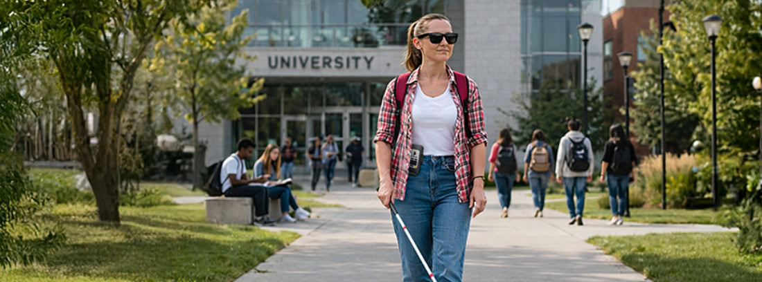 Blind student walking on a university campus using a white cane, with a StellarTrek and Ray-Ban Meta glasses, wearing a backpack.
