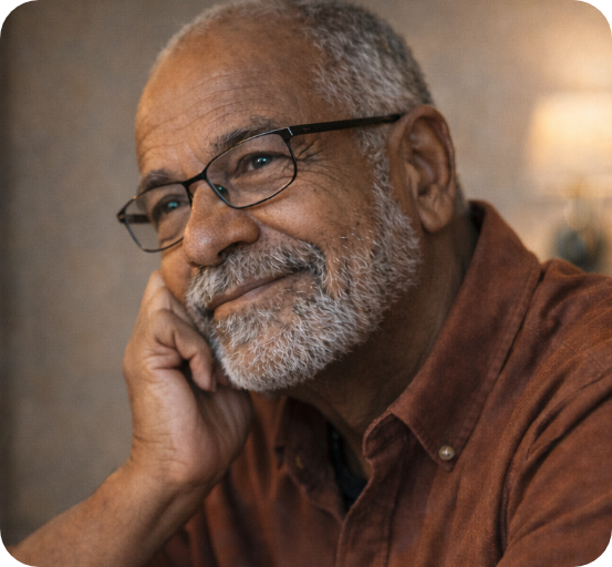 An older man smiles, resting his head on his hand.