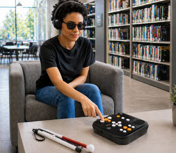 Person using a Stratus audio reader with headphones.