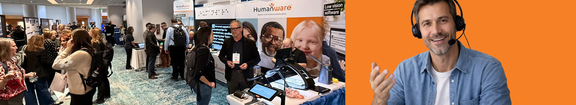Busy HumanWare booth with visitors exploring assistive technology, alongside a smiling advisor.