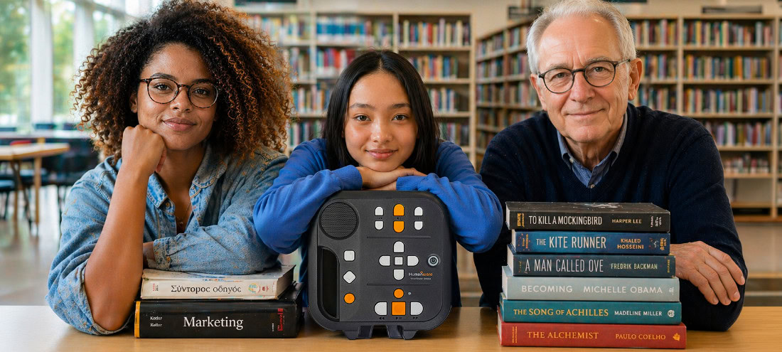 People of different ages using a Stratus audio reader in a library.