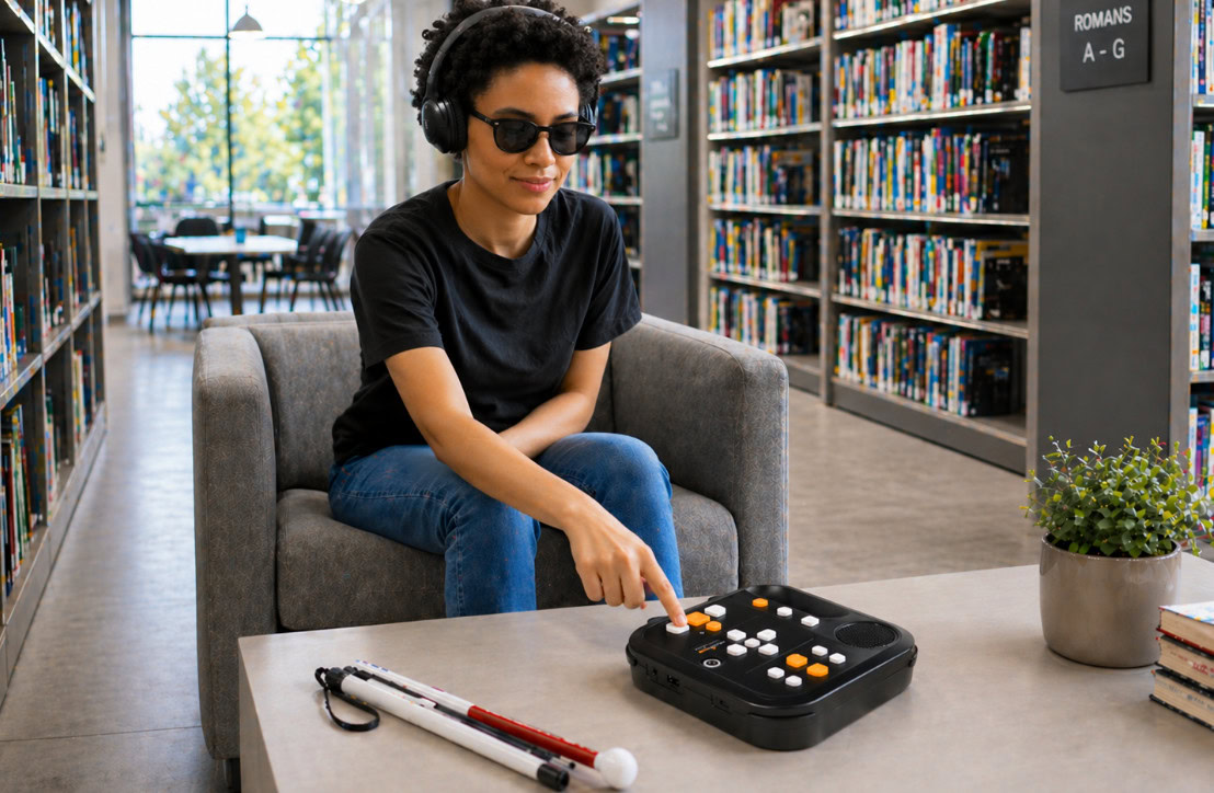 Person using a Stratus audio reader with headphones.