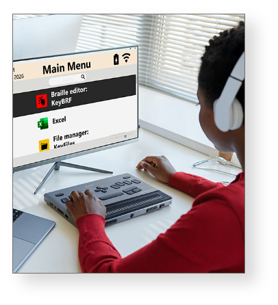 User reading and writing in braille with the BrailleNote evolve.