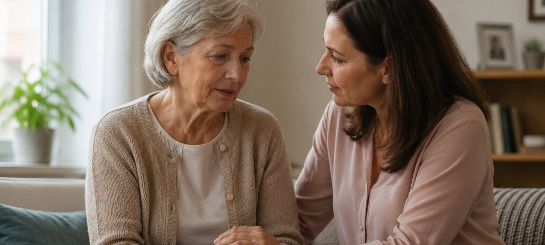 Woman comforting an older adult during a supportive conversation at home.