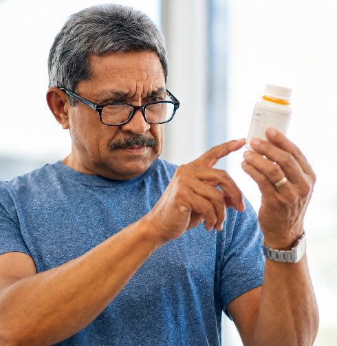 Man examining medication bottle label while wearing reading glasses.