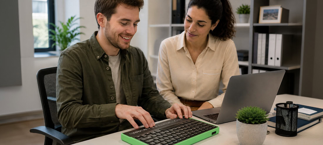 Blind employee speaking with a colleague in an inclusive workplace.