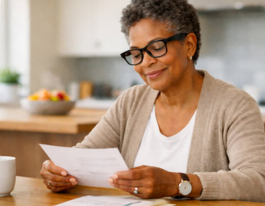 Woman reading a document at home while wearing glasses.