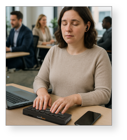 Employee using a Brailliant braille display to work with digital tools.