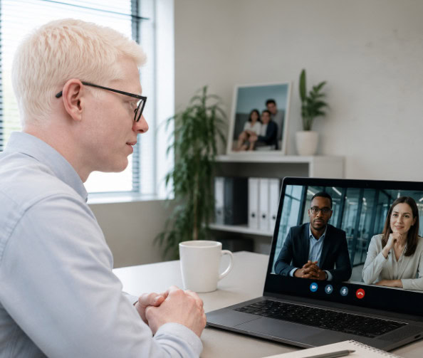 Person with albinism participating in a virtual interview in a professional setting.