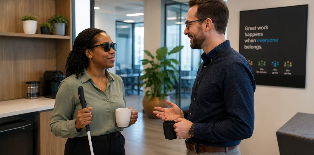 Blind employee speaking with a colleague in an inclusive and accessible workplace.
