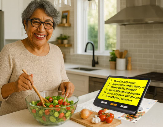 Senior woman cooking salad using assistive tablet with large-print recipe display.