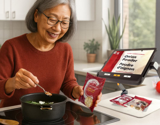 Senior woman cooking with accessible tablet displaying large-print recipe instructions.
