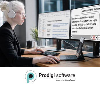 Woman wearing earbuds and working on a computer displaying a document summary generated by Prodigi.