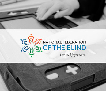Person using a Monarch braille display, alongside the National Federation of the Blind logo.