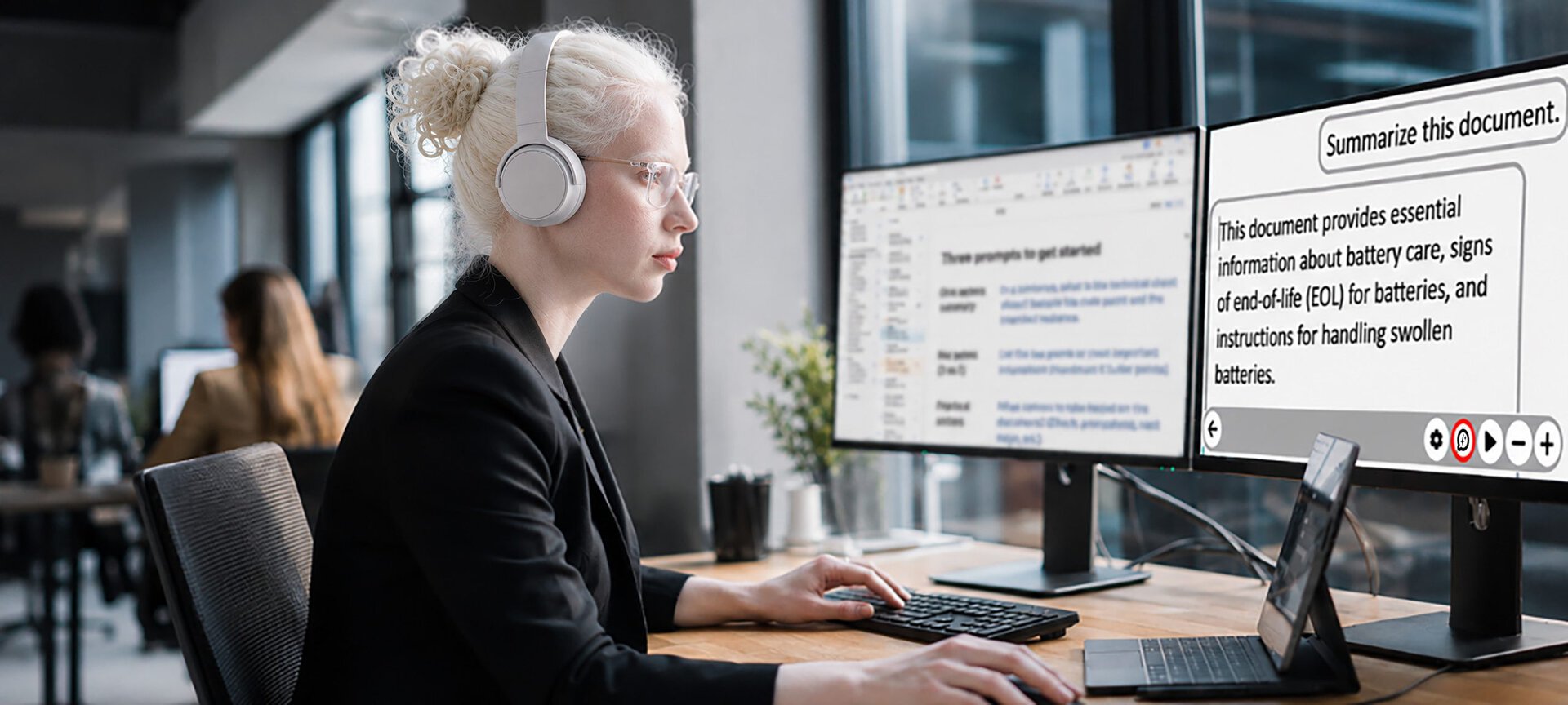 Woman wearing earbuds and working on a computer displaying a document summary generated by Prodigi.