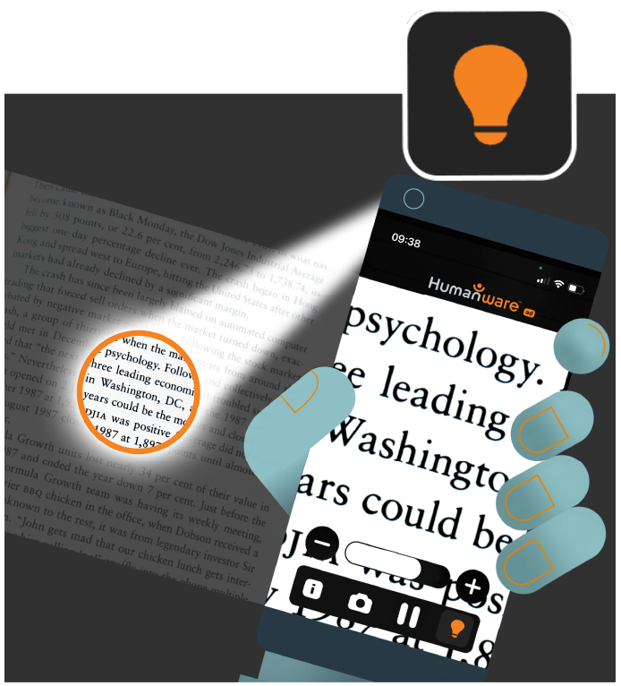 Illustration of illuminating and enlarging text with the magnifier app